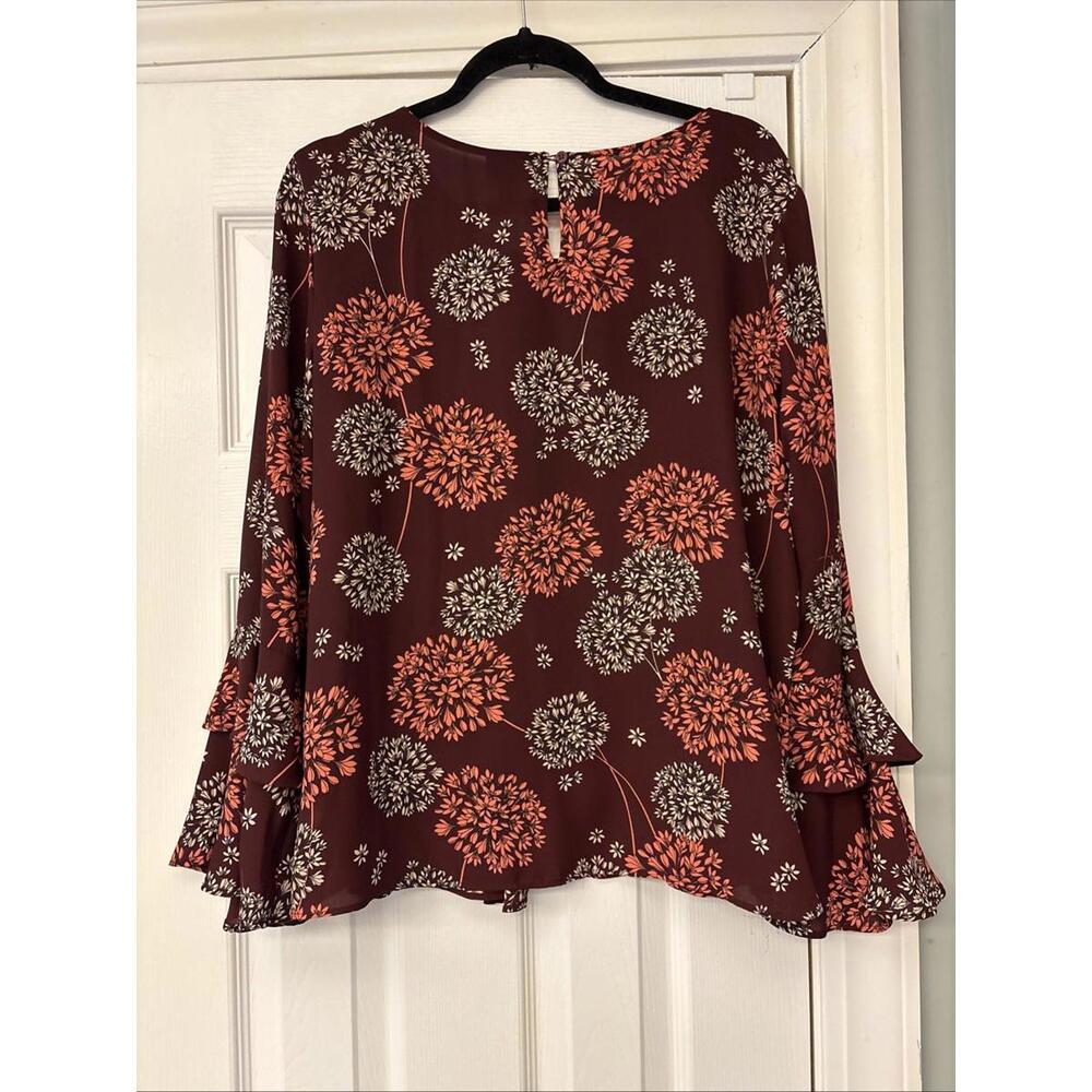 A.N.A. Burgundy Sheer Ruffled Top Blouse Long Bell Sleeves Sz XL. Work. Office - Picture 9 of 9